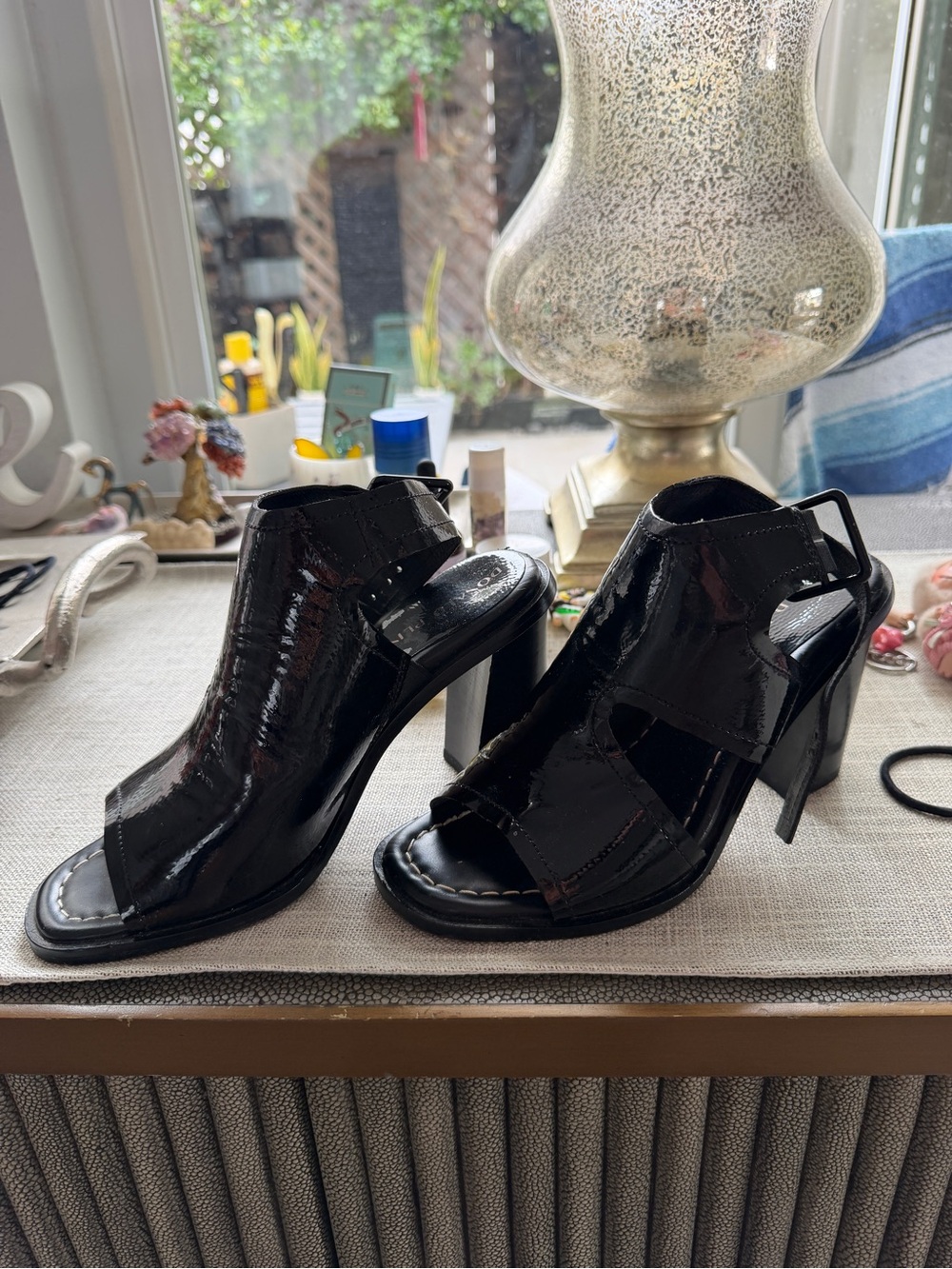 Donald J. Pliner Black Patent Leather Cutout Block Heel Sandals